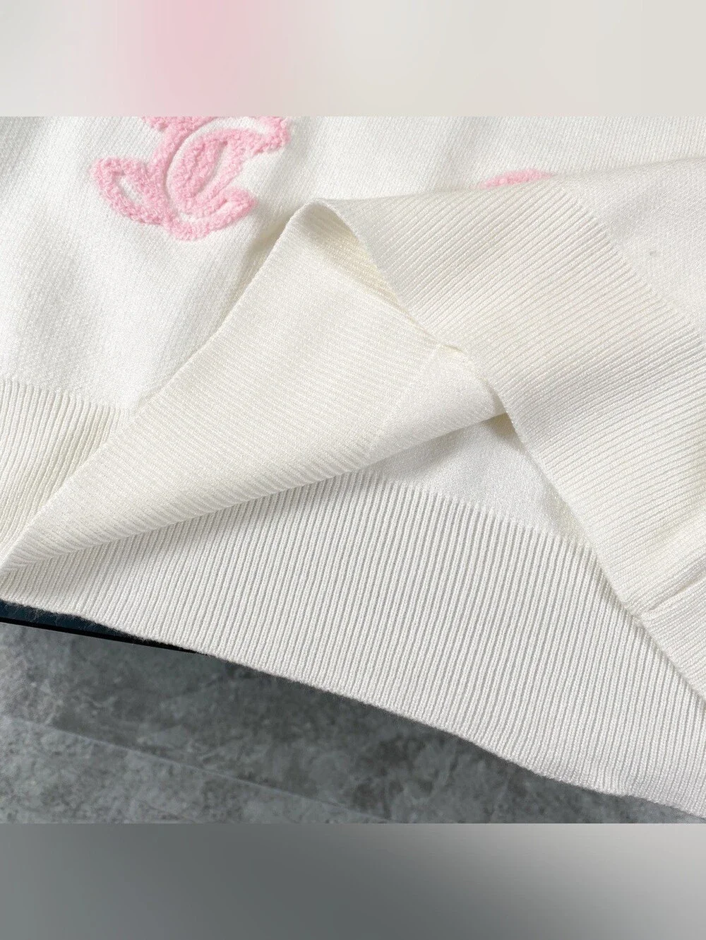 CHANEL White Crewneck Sweater with Pink CC Motifs